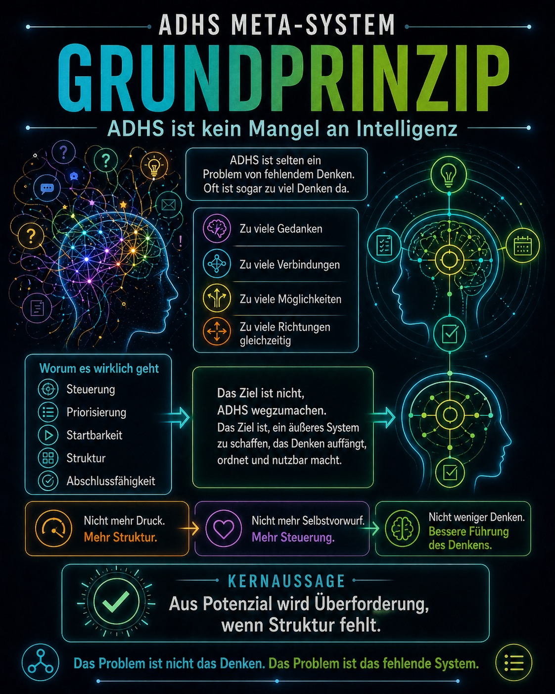 Grafik: Grundprinzip. ADHS ist kein Mangel an Intelligenz, sondern braucht Führung des Denkens.
